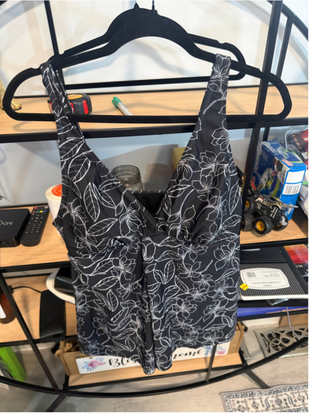 Women's Nicole Miller Swim One Piece Size L Black White Floral